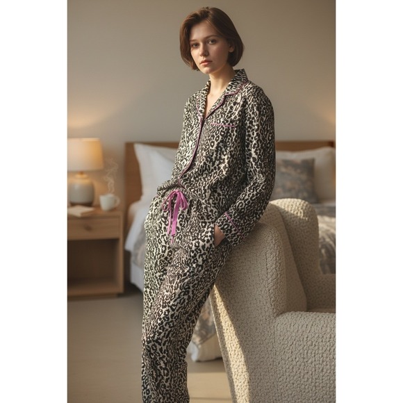 Nick & Nora Pajama Set Women M Leopard Print Flannel Pajama Pink Trim Cotton